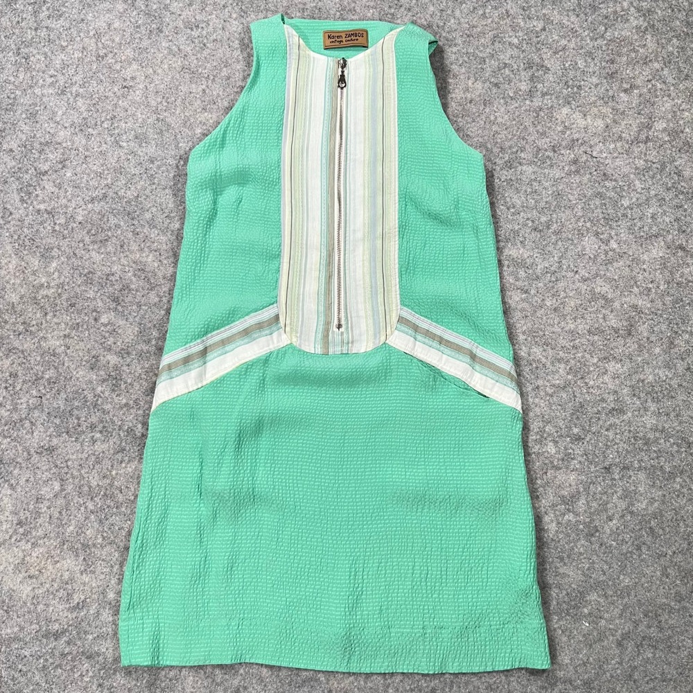 Karen Zambos Dress Womens 2 Green Silk Striped Shift Mini Minimalist 90sVintage